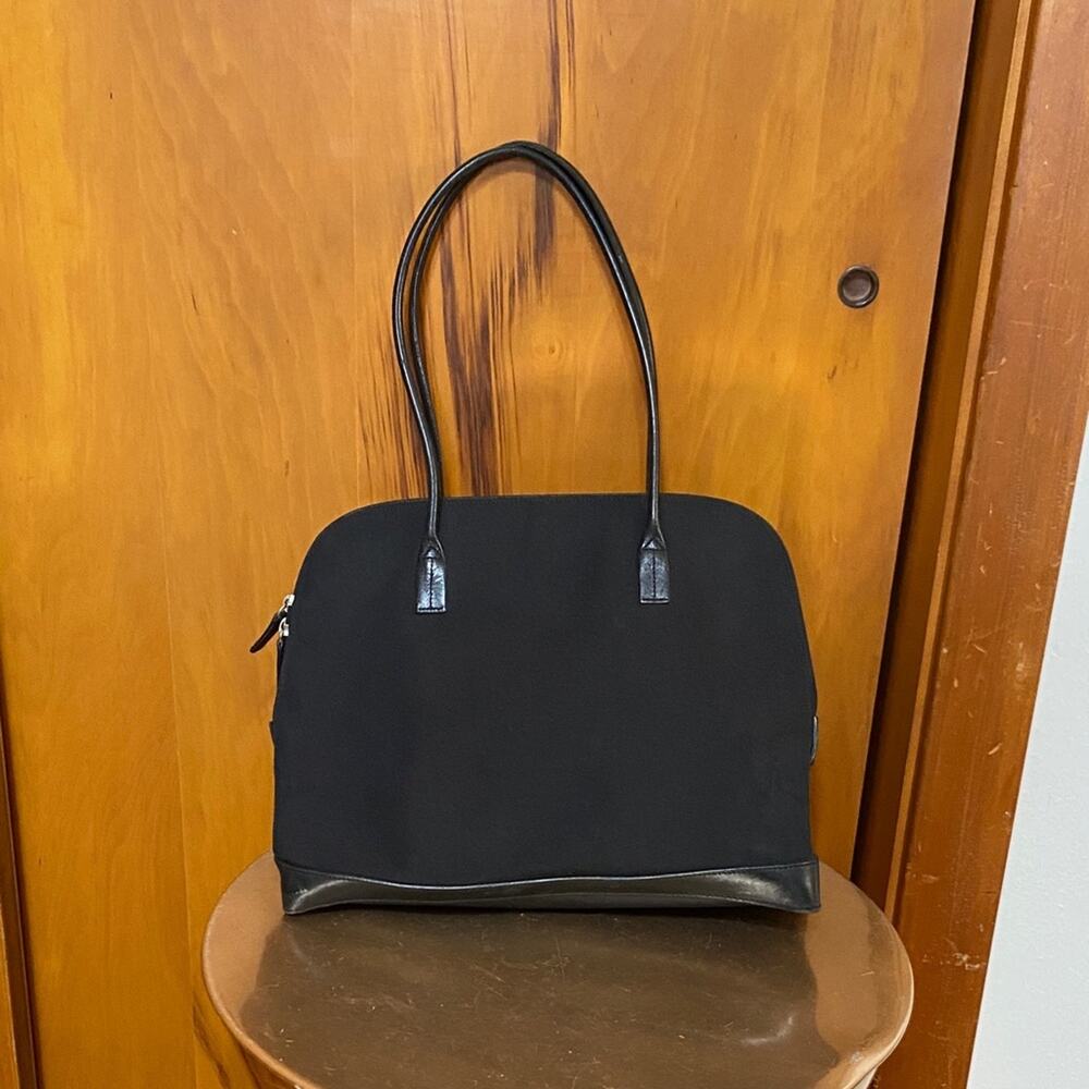 Black Canvas Leather Trim Satchel Tote Bag Purse Minimalist Neutral Office